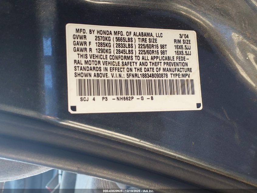 2004 Honda Odyssey Ex VIN: 5FNRL18834B090878 Lot: 43820925