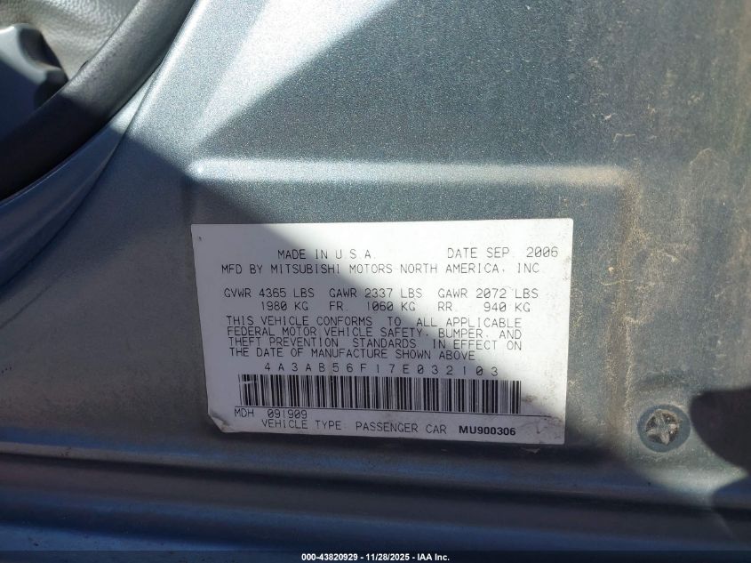 2007 Mitsubishi Galant Es VIN: 4A3AB56F17E032103 Lot: 43820929