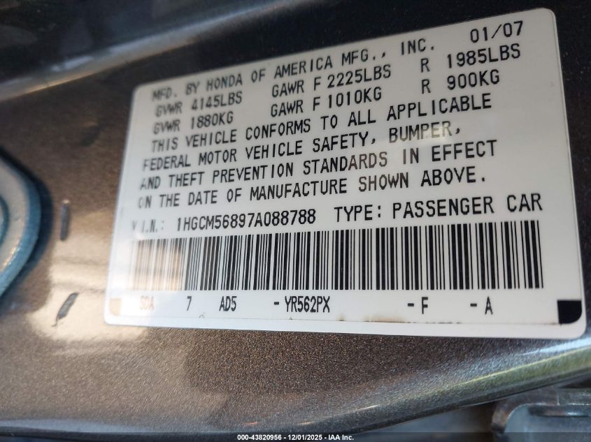 2007 Honda Accord 2.4 Ex VIN: 1HGCM56897A088788 Lot: 43820956
