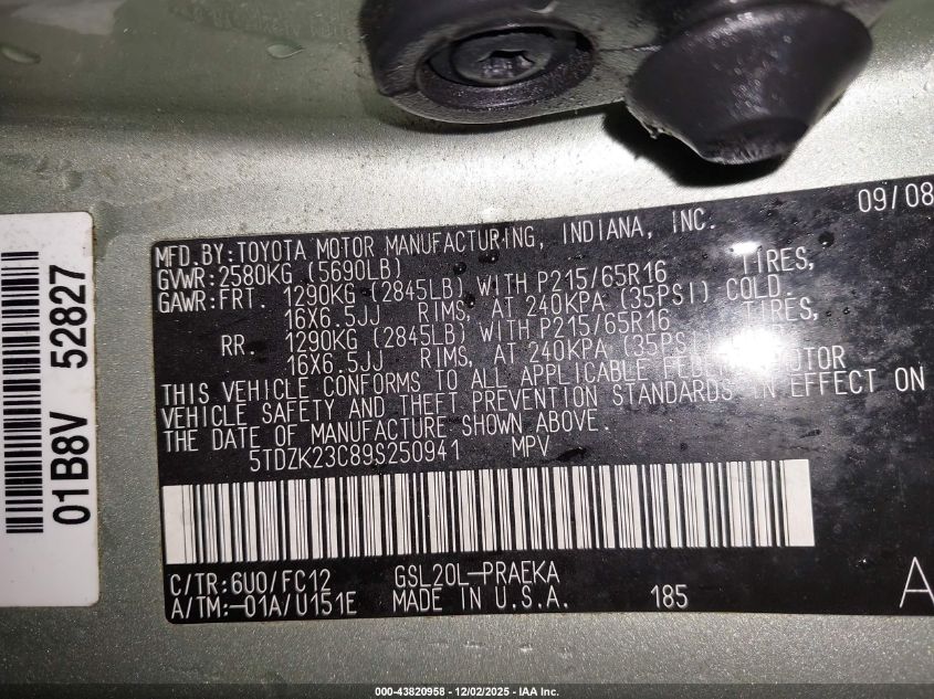 2009 Toyota Sienna Le VIN: 5TDZK23C89S250941 Lot: 43820958