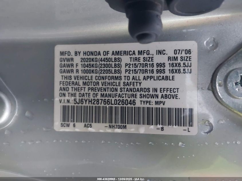 2006 Honda Element Ex-P VIN: 5J6YH28766L026046 Lot: 43820965