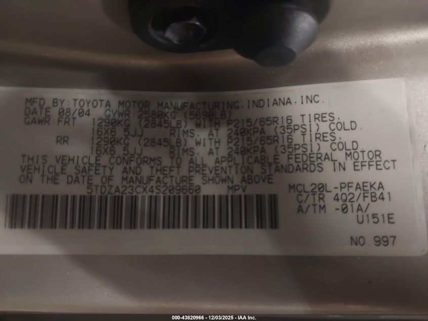 2004 Toyota Sienna Le VIN: 5TDZA23CX4S209660 Lot: 43820966