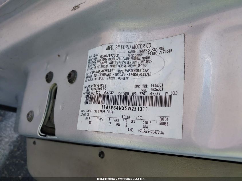 2005 Ford Focus Zx4 VIN: 1FAFP34NX5W251311 Lot: 43820967