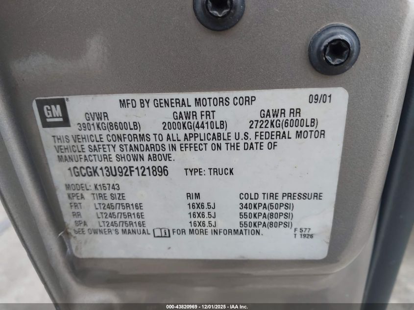 2002 Chevrolet Silverado 1500Hd Ls VIN: 1GCGK13U92F121896 Lot: 43820969