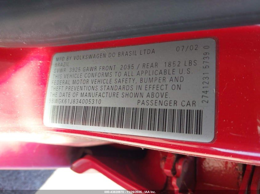 2003 Volkswagen Golf Gls 2.0L VIN: 9BWGK61J834005310 Lot: 43820970