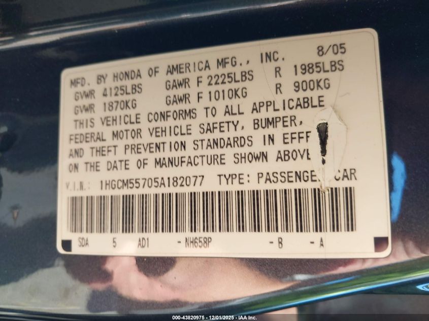 2005 Honda Accord 2.4 Ex VIN: 1HGCM55705A182077 Lot: 43820975
