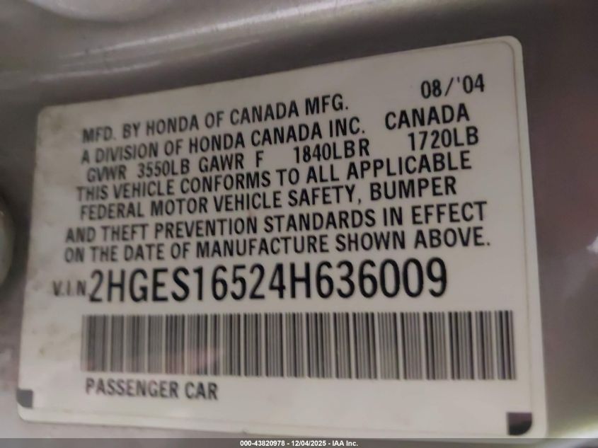 2004 Honda Civic Lx VIN: 2HGES16524H636009 Lot: 43820978