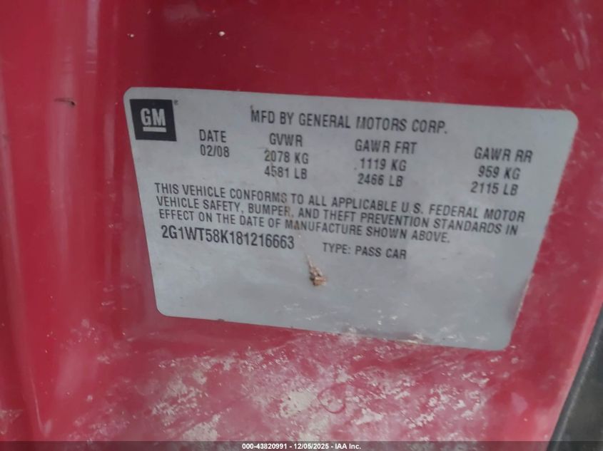 2008 Chevrolet Impala Lt VIN: 2G1WT58K181216663 Lot: 43820991