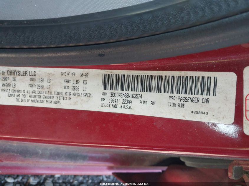 2008 Dodge Avenger R/T VIN: 1B3LD76M08N163574 Lot: 43820995