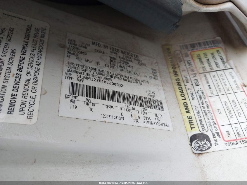 2008 Lincoln Navigator VIN: 5LMFU27518LJ08982 Lot: 43821004