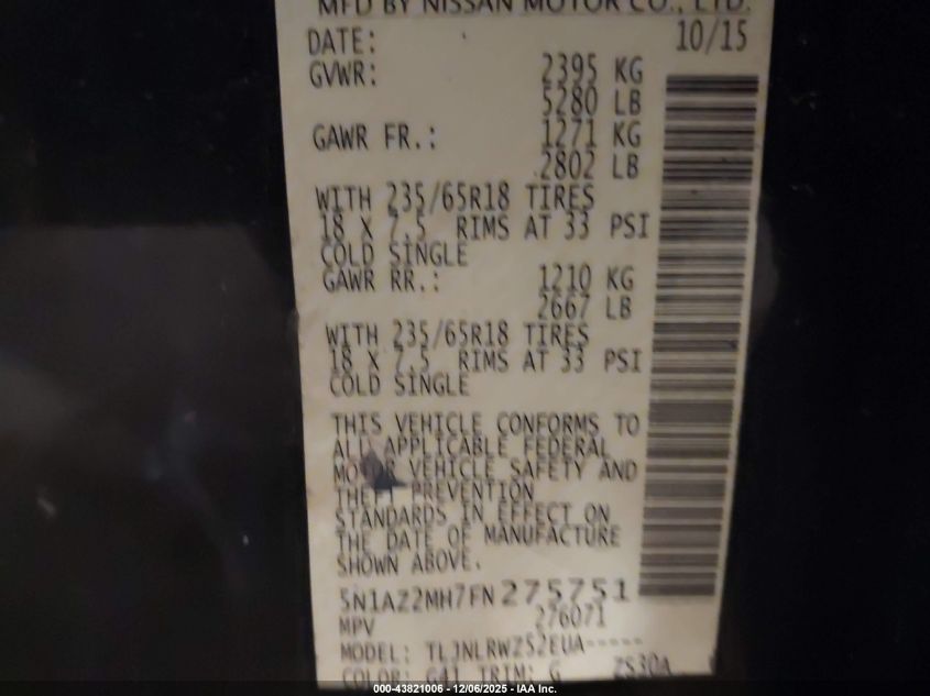 2015 Nissan Murano Sl VIN: 5N1AZ2MH7FN275751 Lot: 43821006