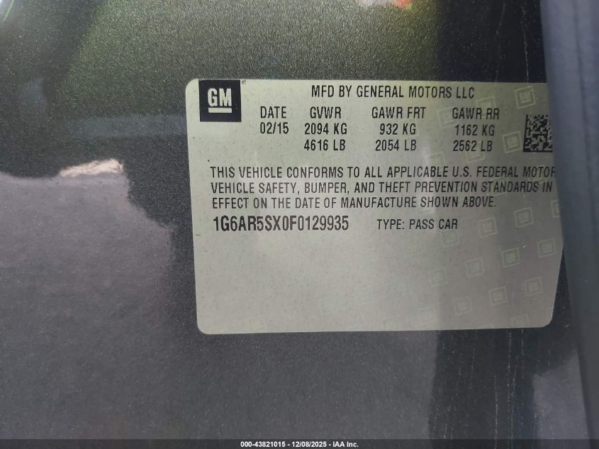 2015 Cadillac Cts Luxury VIN: 1G6AR5SX0F0129935 Lot: 43821015