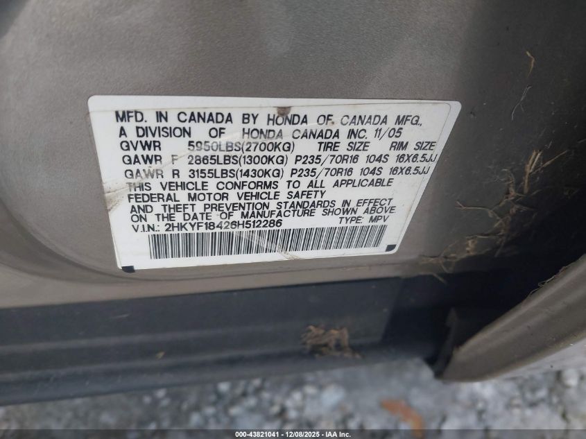2006 Honda Pilot Ex VIN: 2HKYF18426H512286 Lot: 43821041