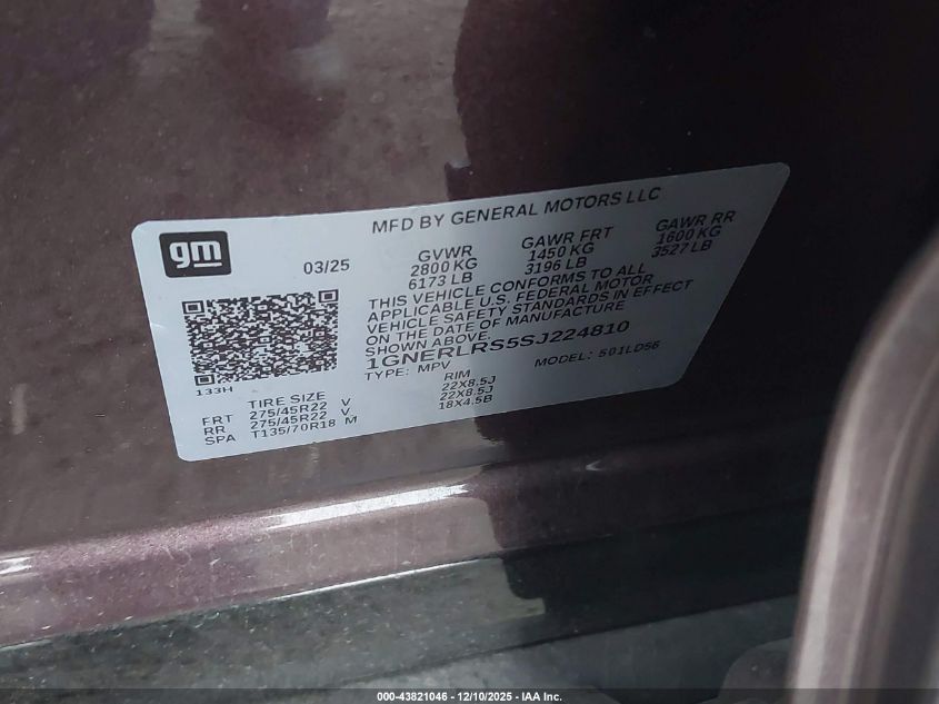 2025 Chevrolet Traverse Fwd Rs VIN: 1GNERLRS5SJ224810 Lot: 43821046