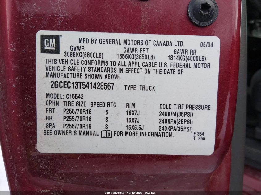 2004 Chevrolet Silverado 1500 Ls VIN: 2GCEC13T541428567 Lot: 43821048