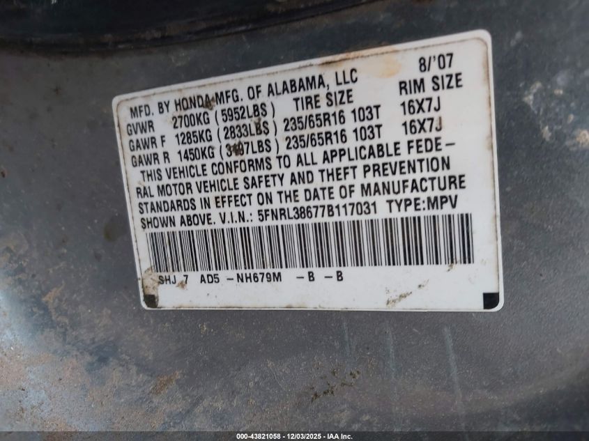 2007 Honda Odyssey Ex-L VIN: 5FNRL38677B117031 Lot: 43821058