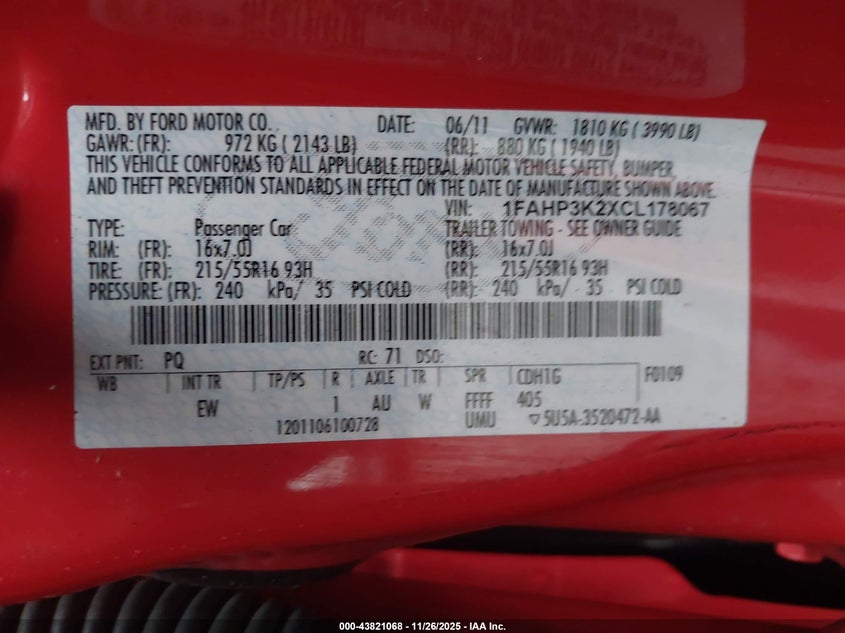 2012 Ford Focus Se VIN: 1FAHP3K2XCL178067 Lot: 43821068