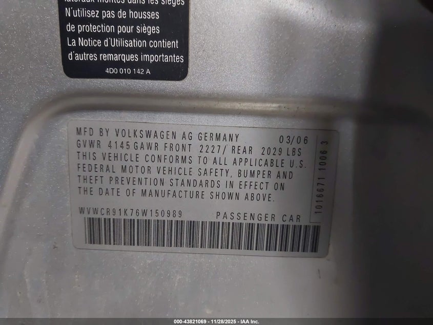 2006 Volkswagen Rabbit 4-Door VIN: WVWCR91K76W150989 Lot: 43821069