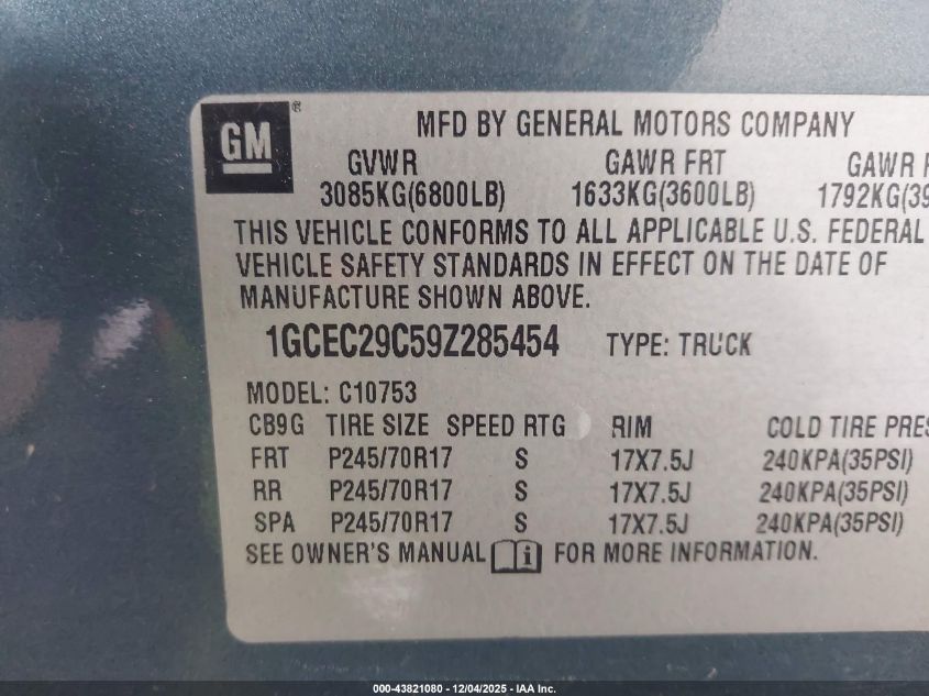 2009 Chevrolet Silverado 1500 Lt VIN: 1GCEC29C59Z285454 Lot: 43821080