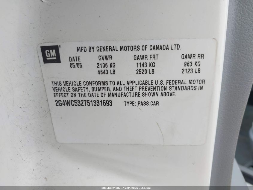 2005 Buick Lacrosse Cx VIN: 2G4WC532751331693 Lot: 43821087