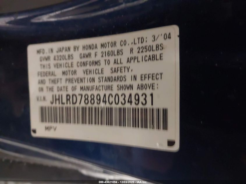 2004 Honda Cr-V Ex VIN: JHLRD78894C034931 Lot: 43821094