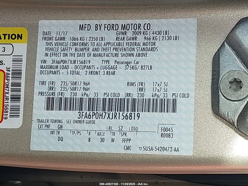 2018 Ford Fusion Se VIN: 3FA6P0H7XJR156819 Lot: 43821100