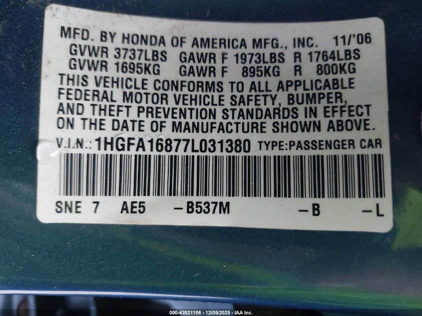 2007 Honda Civic Ex VIN: 1HGFA16877L031380 Lot: 43821106