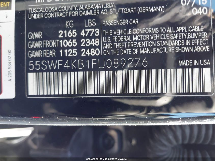 2015 Mercedes-Benz C 300 4Matic VIN: 55SWF4KB1FU089276 Lot: 43821129