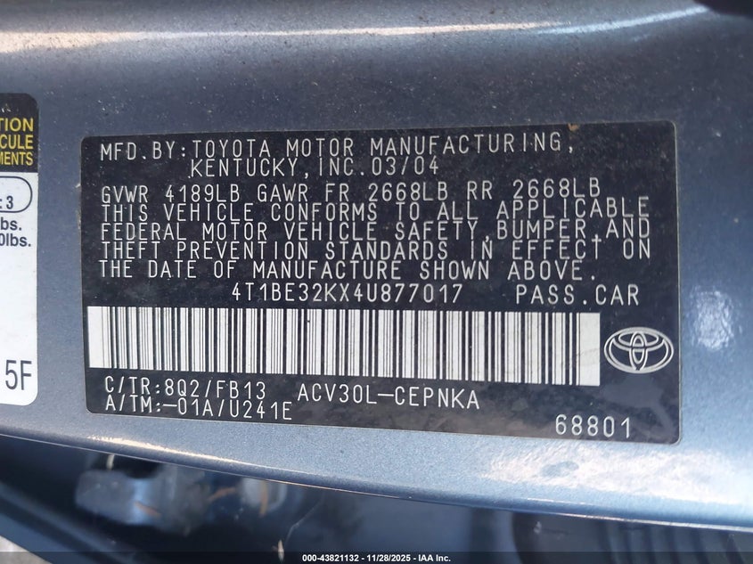 2004 Toyota Camry Le VIN: 4T1BE32KX4U877017 Lot: 43821132