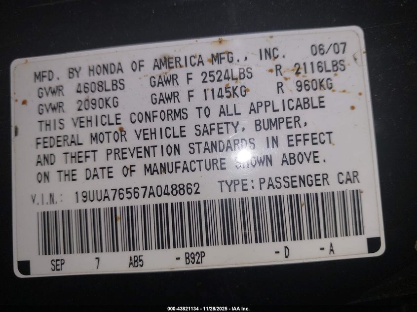 2007 Acura Tl Type S VIN: 19UUA76567A048862 Lot: 43821134