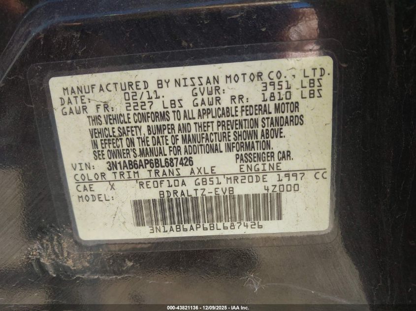 2011 Nissan Sentra 2.0S VIN: 3N1AB6AP6BL687426 Lot: 43821136
