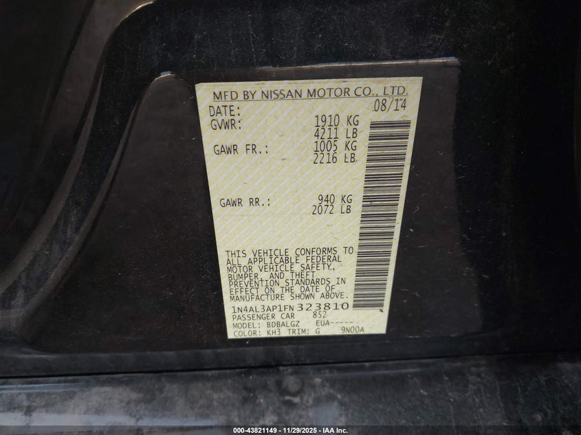 2015 Nissan Altima 2.5/2.5 S/2.5 Sl/2.5 Sv VIN: 1N4AL3AP1FN323810 Lot: 43821149