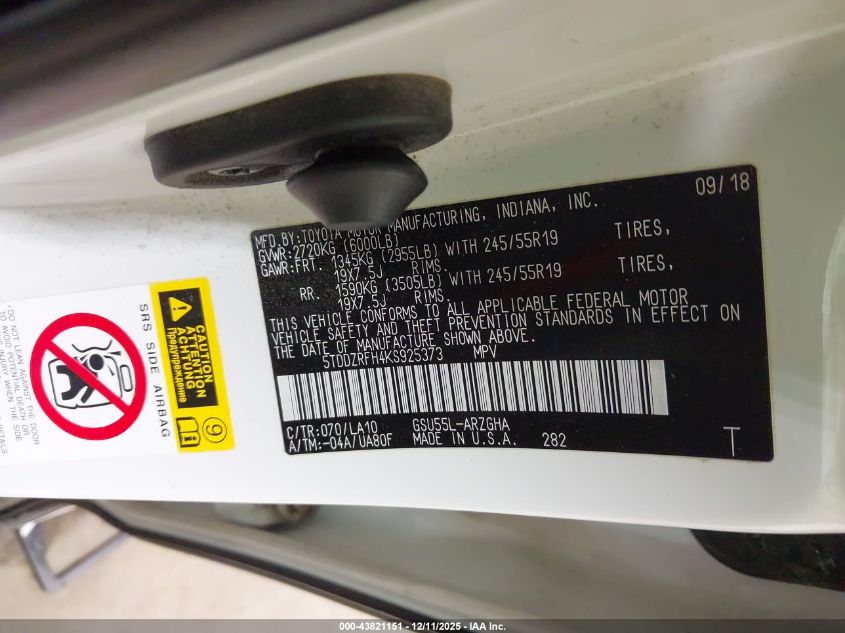 2019 Toyota Highlander Limited Platinum VIN: 5TDDZRFH4KS925373 Lot: 43821151