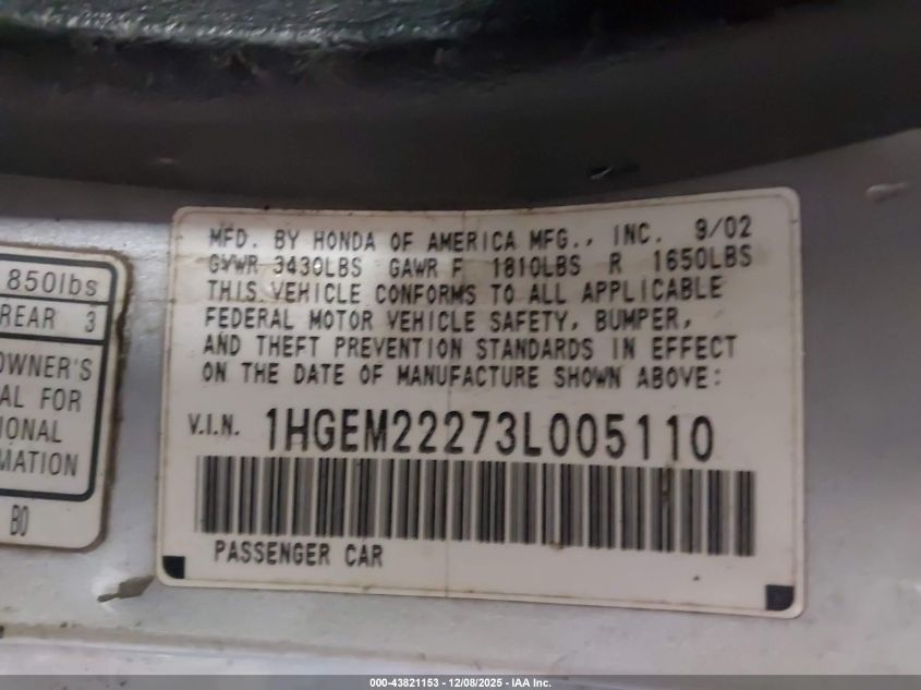 2003 Honda Civic Dx VIN: 1HGEM22273L005110 Lot: 43821153