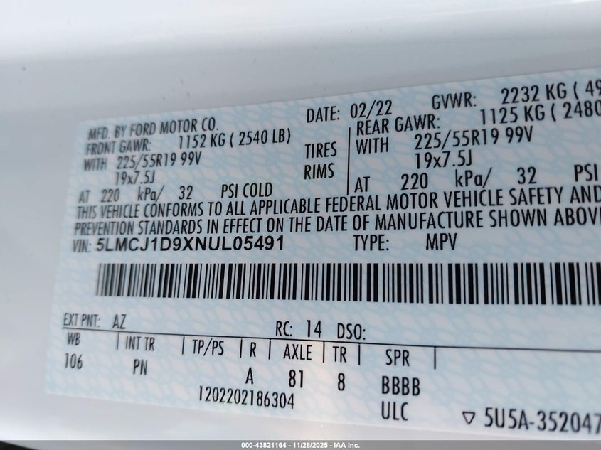 2022 Lincoln Corsair Standard VIN: 5LMCJ1D9XNUL05491 Lot: 43821164