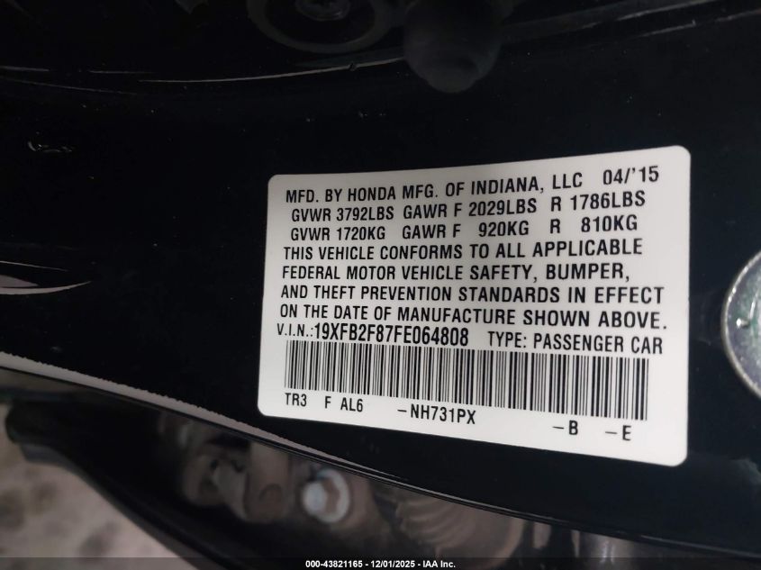 2015 Honda Civic Ex VIN: 19XFB2F87FE064808 Lot: 43821165