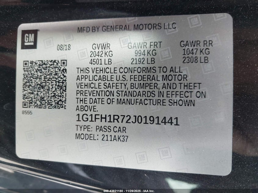 2018 Chevrolet Camaro 2Ss VIN: 1G1FH1R72J0191441 Lot: 43821180