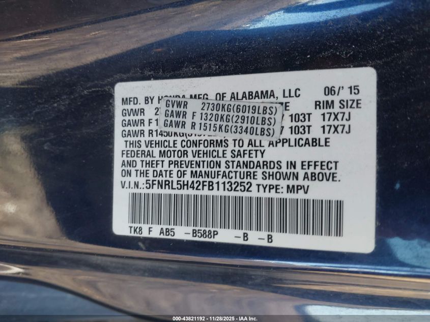 2015 Honda Odyssey Ex VIN: 5FNRL5H42FB113252 Lot: 43821192