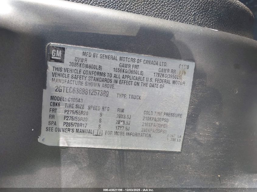 2008 GMC Sierra 1500 Denali VIN: 2GTEC638881257389 Lot: 43821196