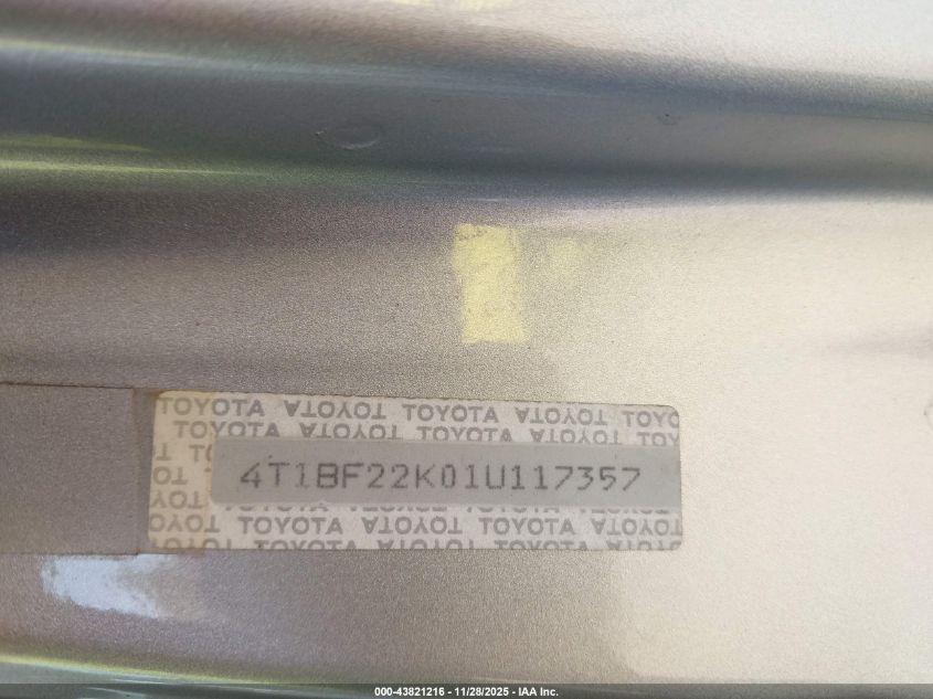 2001 Toyota Camry Le V6 VIN: 4T1BF22K01U117357 Lot: 43821216