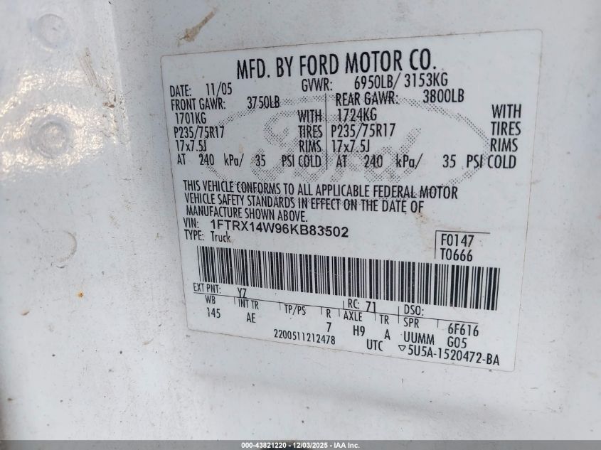 2006 Ford F-150 Stx/Xl/Xlt VIN: 1FTRX14W96KB83502 Lot: 43821220