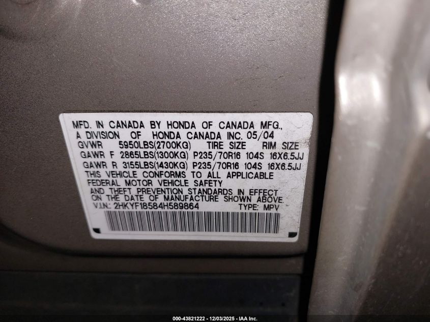 2004 Honda Pilot Ex-L VIN: 2HKYF18584H589864 Lot: 43821222
