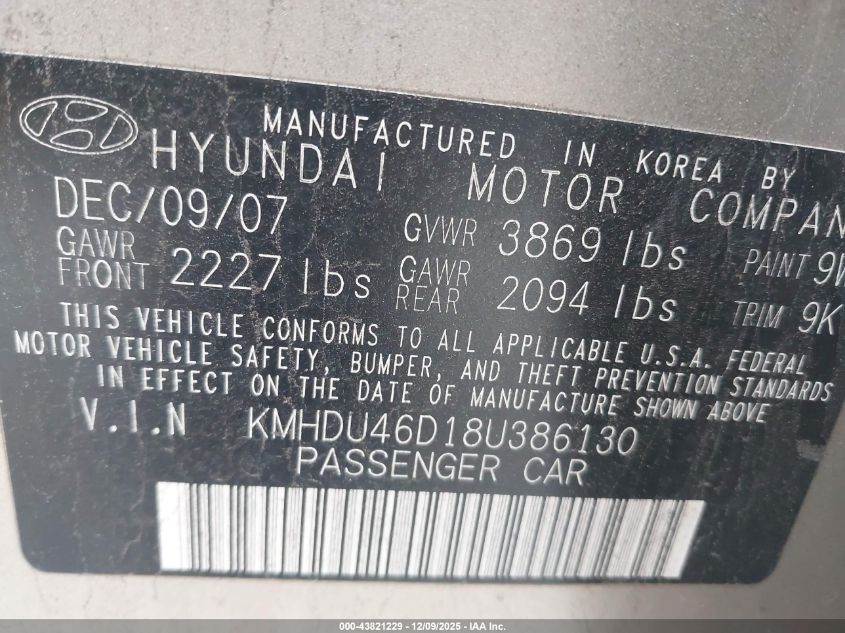 2008 Hyundai Elantra Gls/Se VIN: KMHDU46D18U386130 Lot: 43821229
