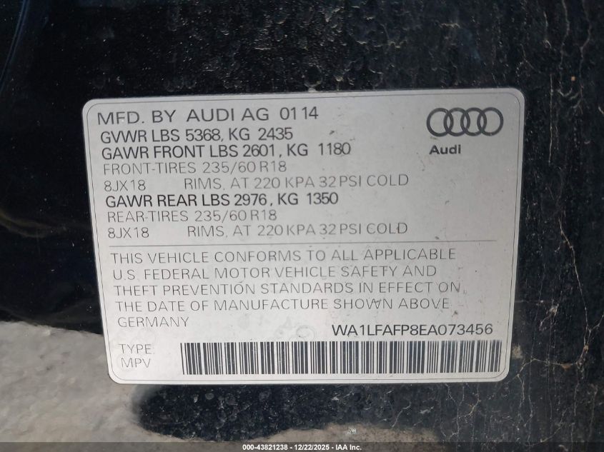 2014 Audi Q5 2.0T Premium VIN: WA1LFAFP8EA073456 Lot: 43821238