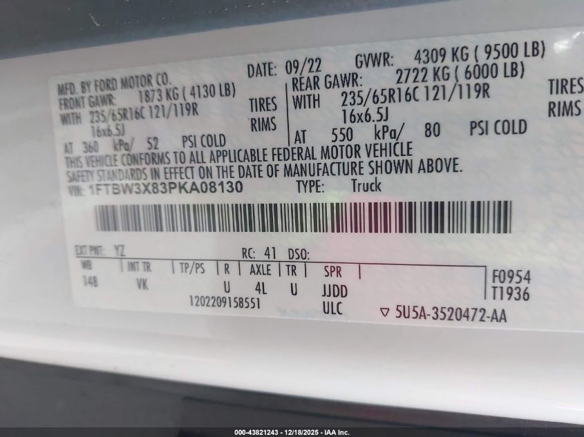 2023 Ford Transit-350 Cargo Van VIN: 1FTBW3X83PKA08130 Lot: 43821243