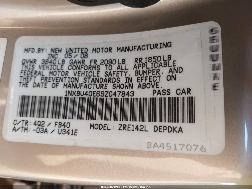 2009 Toyota Corolla Le VIN: 1NXBU40E69Z047843 Lot: 43821249