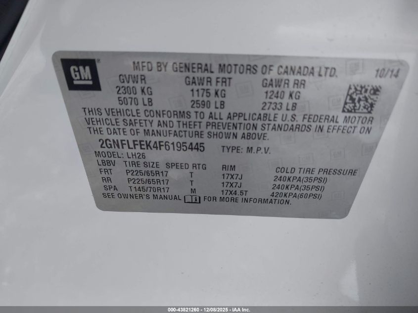 2015 Chevrolet Equinox 1Lt VIN: 2GNFLFEK4F6195445 Lot: 43821260