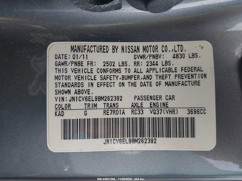 2011 Infiniti G37X VIN: JN1CV6EL9BM262392 Lot: 43821264