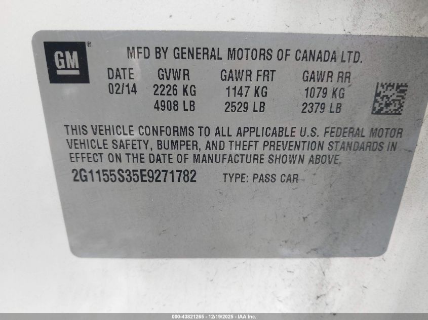 2014 Chevrolet Impala 2Lz VIN: 2G1155S35E9271782 Lot: 43821265