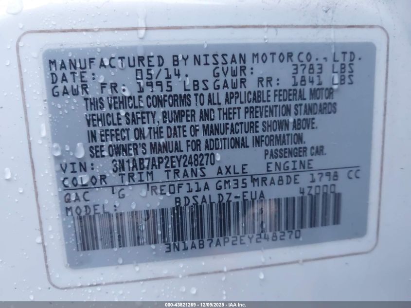 2014 Nissan Sentra Sv VIN: 3N1AB7AP2EY248270 Lot: 43821269